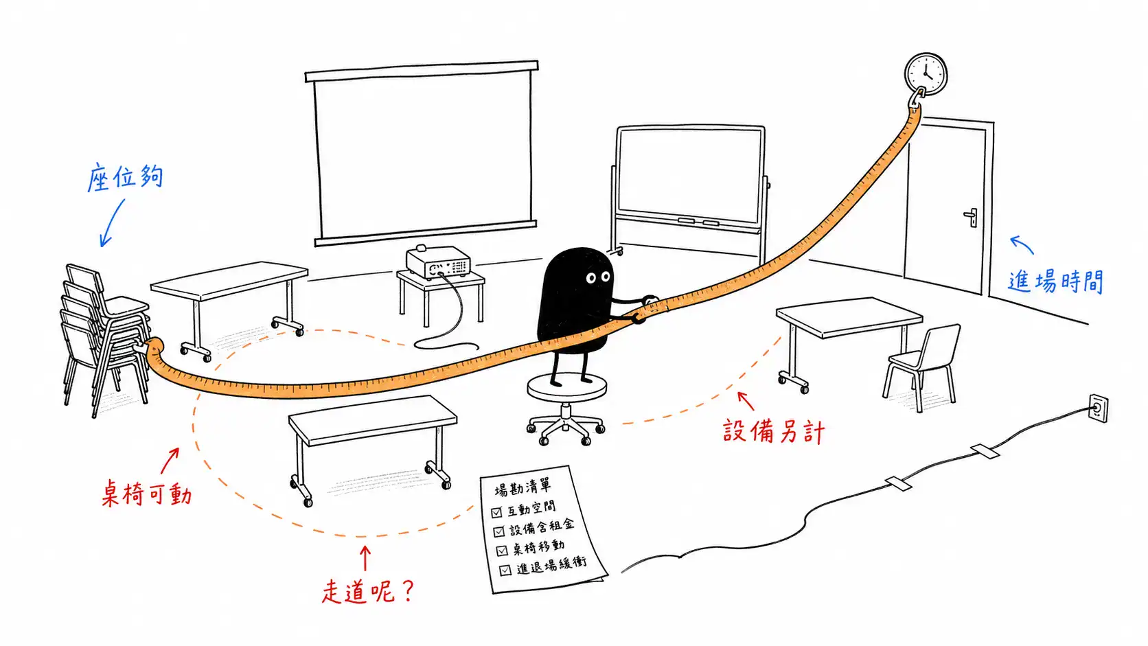 半天內訓場地確認示意圖，包含座位、設備、進場時間與走道檢查
