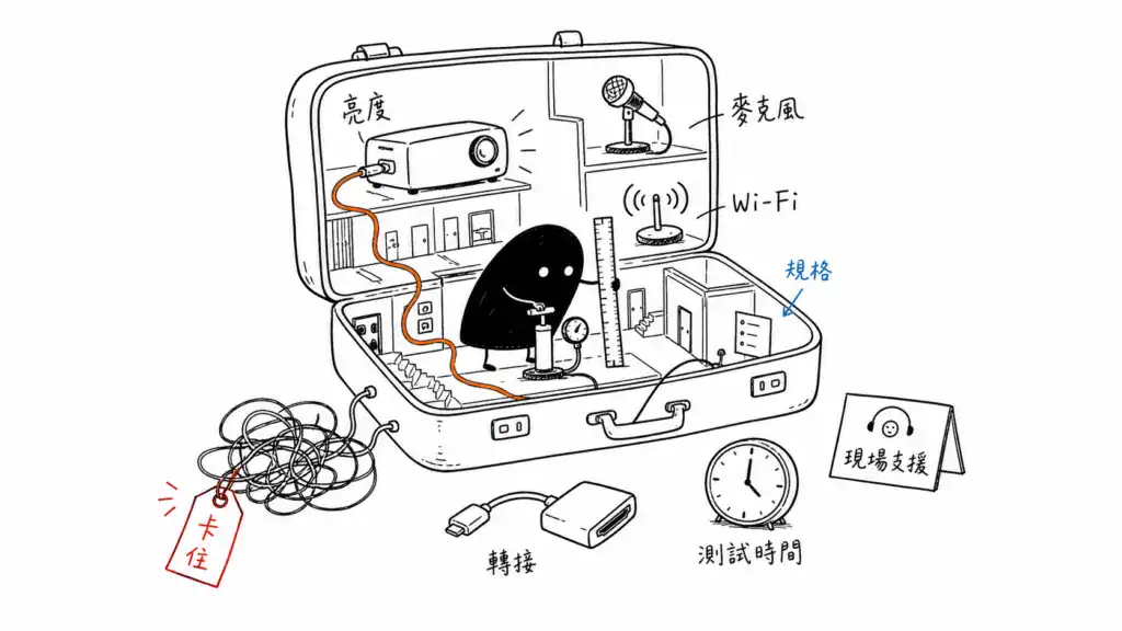 投影、麥克風、Wi-Fi、轉接線和測試時間，都要在活動前拆開確認