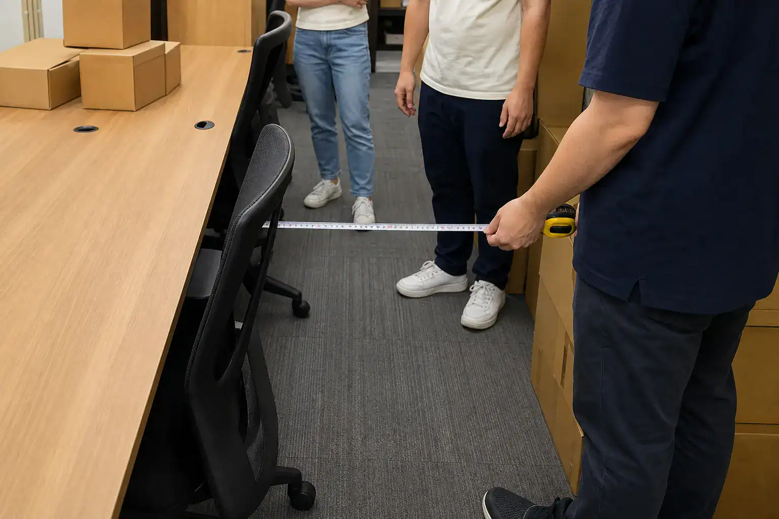 小型團隊用捲尺測量台南辦公室桌距與走道