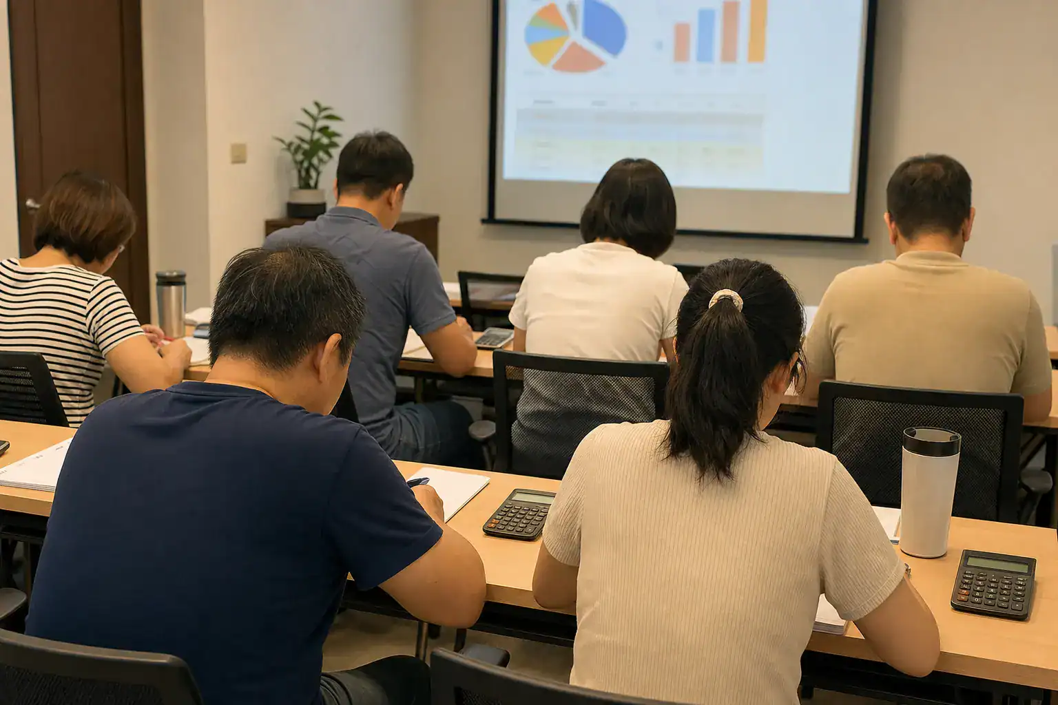 台南創業課程學員使用計算機與筆記本學習財務規劃